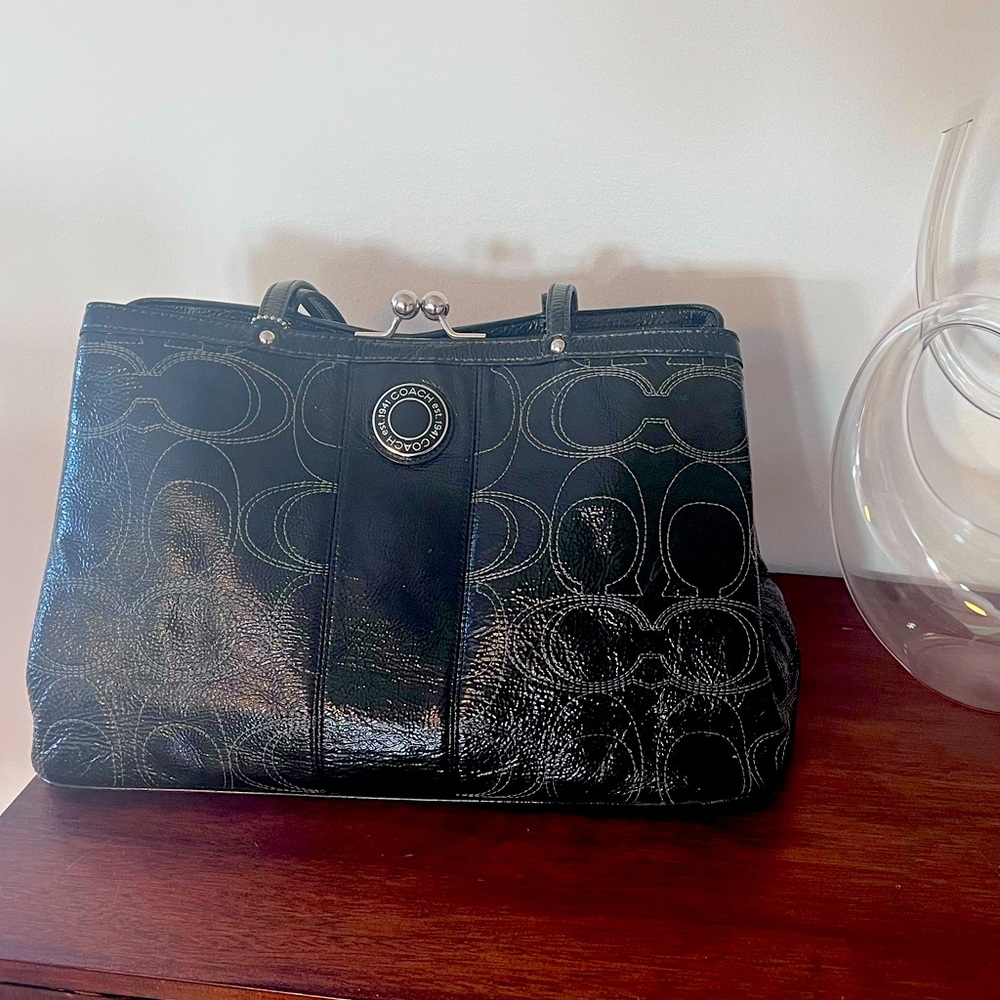 Coach Black Patent leather kiss lock carryall